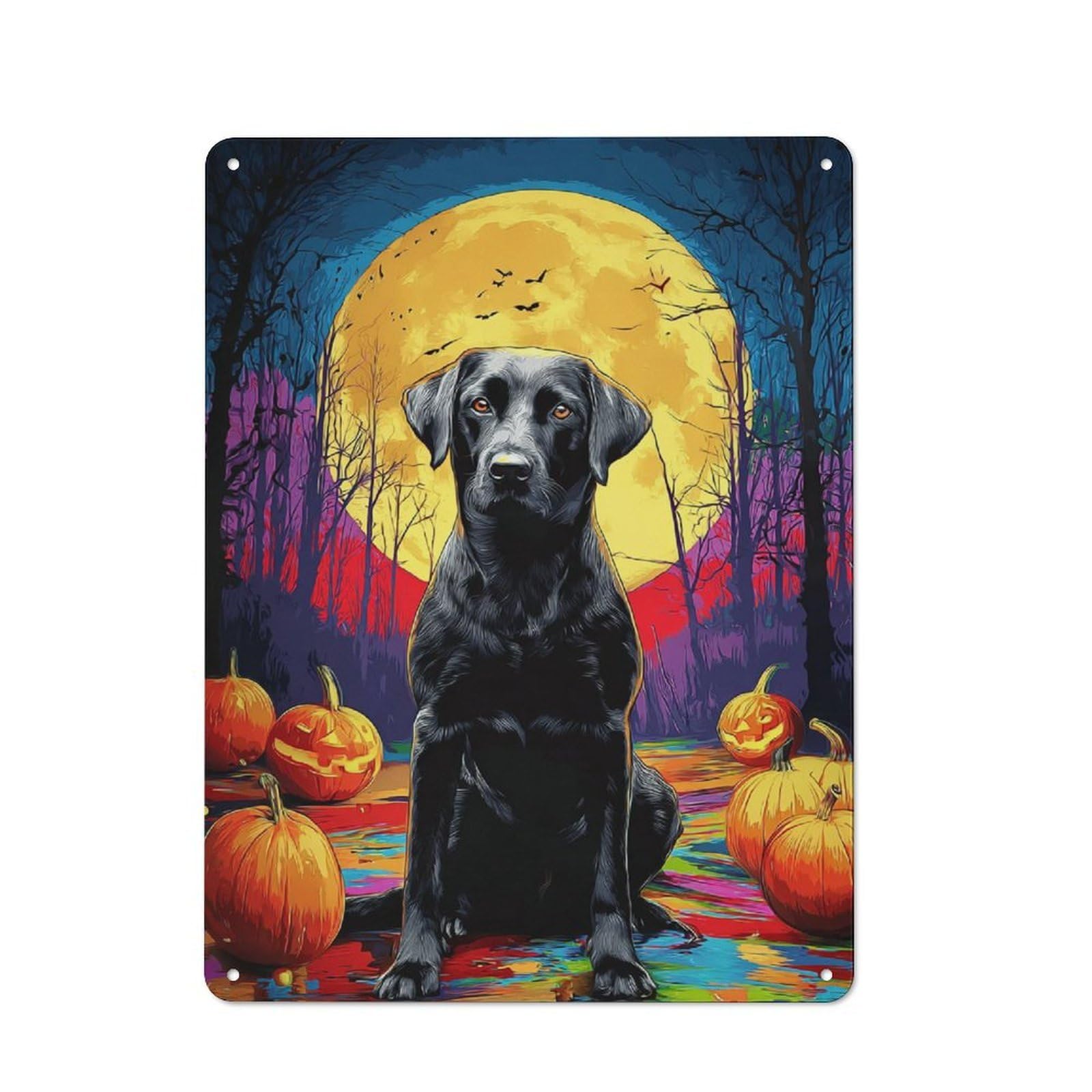 Junmoney Halloween Black Dog With Pumpkins Rustic Metal Wall Sign 40X30cm Featuring For Pub Or Café, For Vintage Wall Decor Fans, For Metal Sign Collectors