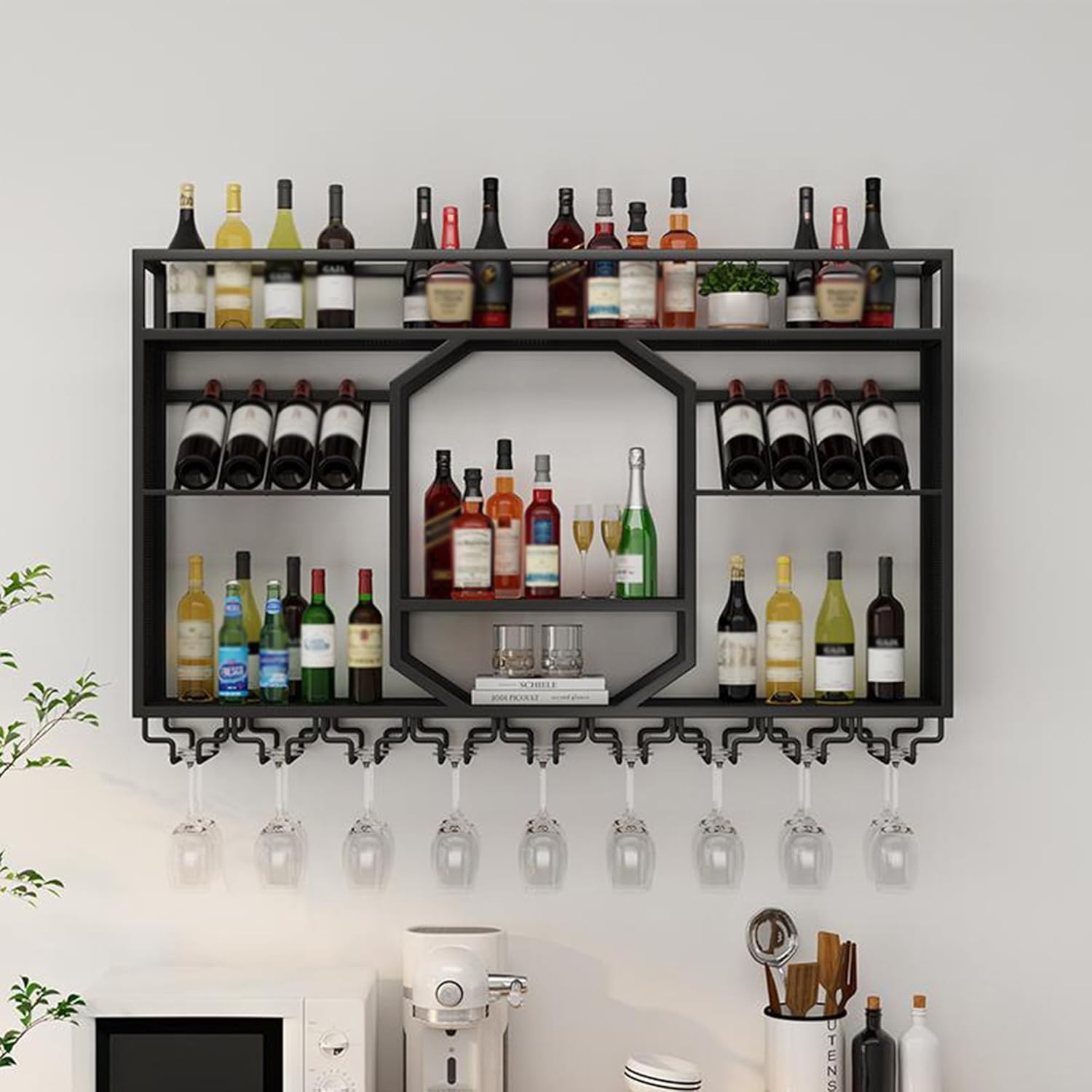 Wall Mounted Wine Rack Floating Bar Shelves Liquor Shelf with Hanging Wine Glass Holder for Liquor Bottles Whiskey Display Shelf for Home Bar Dining Room Kitchen(Black,140cm/55.1in)