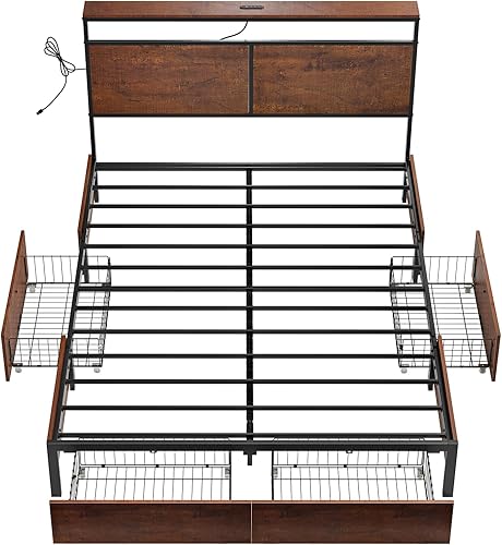 Miniatura 7 de HAUSOURCE Bastidor de cama Queen con 4 cajones de almacenamiento, base de cama con plataforma metálica tamaño Queen con cabecera, estación de carga,