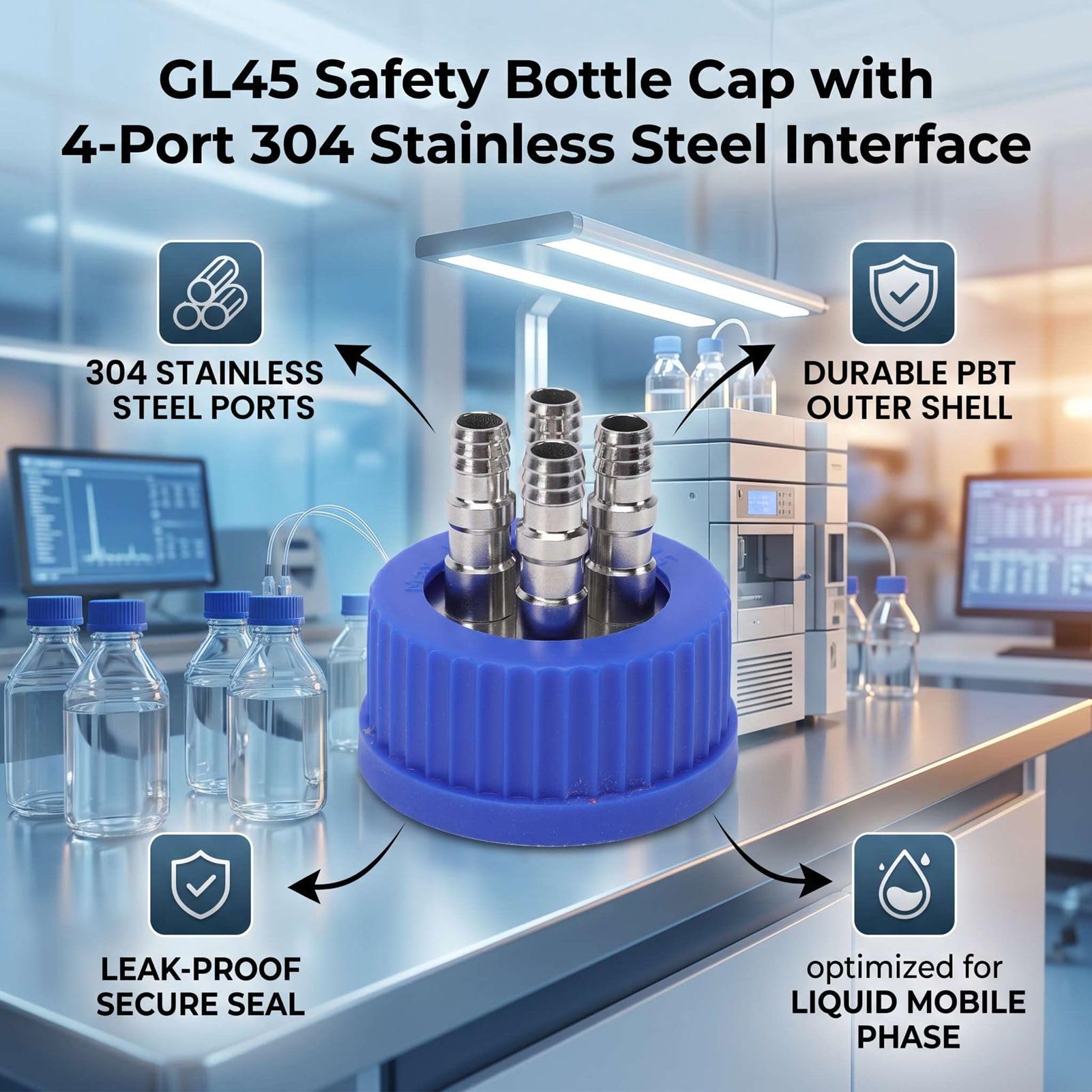 Fafeicy Tapa de Botella de Seguridad GL45, Interfaz de Acero Inoxidable 304 de 4 Puertos, Tapa de Llenado de Fase Móvil Líquida, Diámetro de 8-10 Mm, Tamaño Grande para Botella de