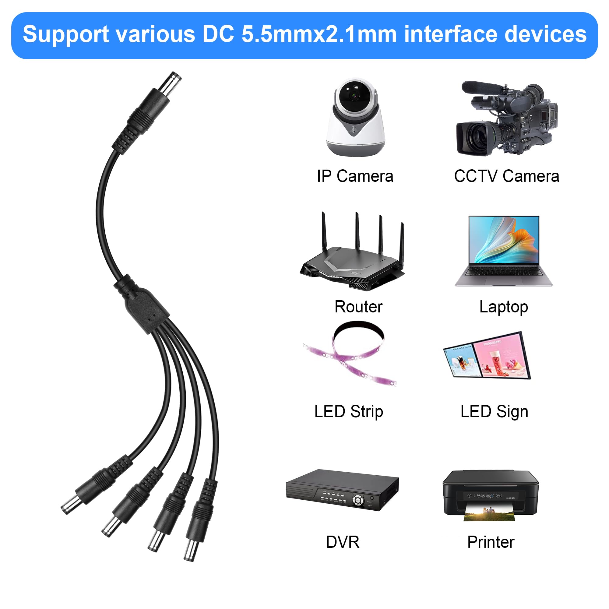 Amazon.com : GINTOOYUN DC5521 Splitter Power Cable 1 Male to 4