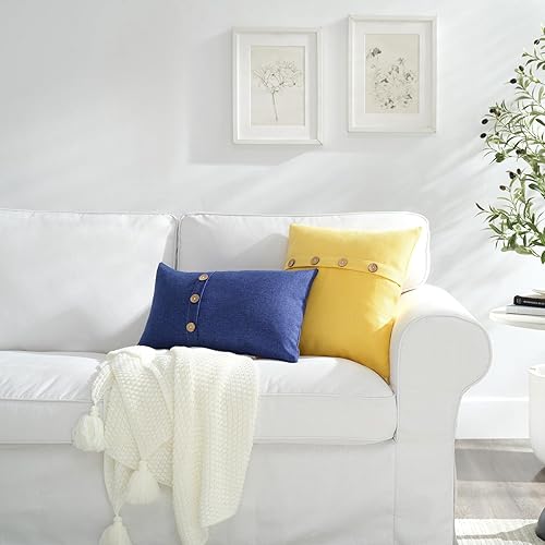 Miniatura 3 de Meekio Juego de 2 fundas de almohada de color amarillo limón de 18 x 18 pulgadas, fundas de almohada de lino con botones de coco, decoración rural,