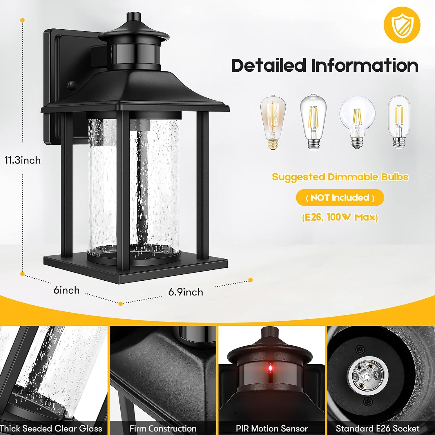Bеѕt Prоmо Exterior Outdoor Wall Lantern with Motion Sensor, Waterproof Dusk to Dawn Porch Light Fixtures Wall Mount, Anti-rust Wall Sconce with Seeded Glass for Entryway Doorway Garage Balcony, Motion Activated