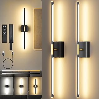 SyncGlow Battery Operated Wall Sconces Set of 2: 10000mAh Rechargeable Dimmable LED Lights, Remote Control, 360° Rotate, 3CCT Black Gold for Bedroom Hallway