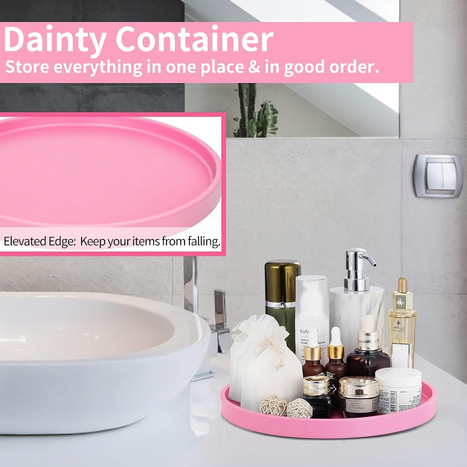 Silicone Bathroom Tray, 9" Round Pink Vanity Organizer – Decorative Countertop Tray for Soap, Candle, Perfume, Kitchen & Coffee Table