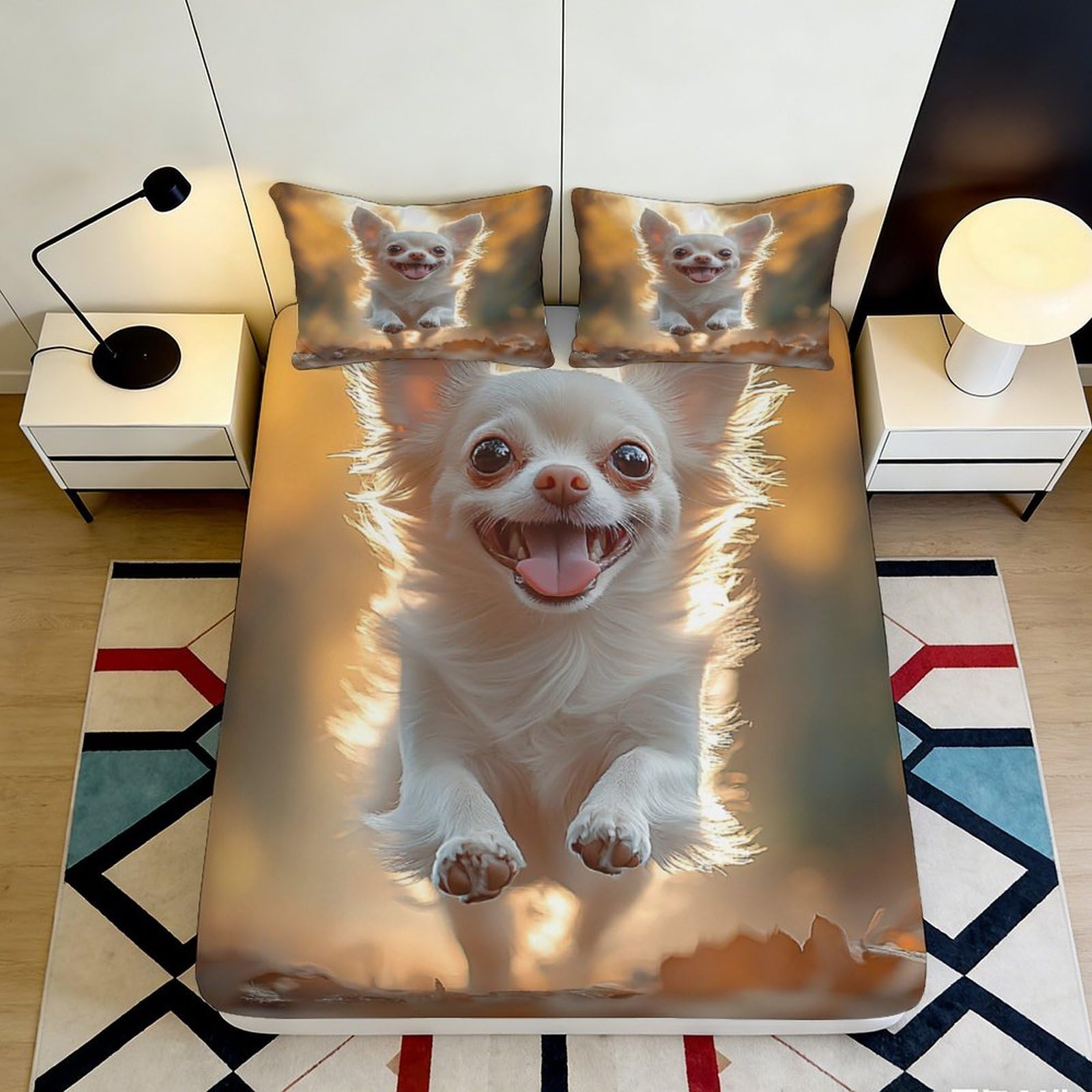 3D Printed Cute Chihuahua Fitted Sheet Microfiber Soft Breathable Dog Pattern Bed Cover for Bedroom Dormitory Guest Room Mattress Protection Decor 140x200x25cm