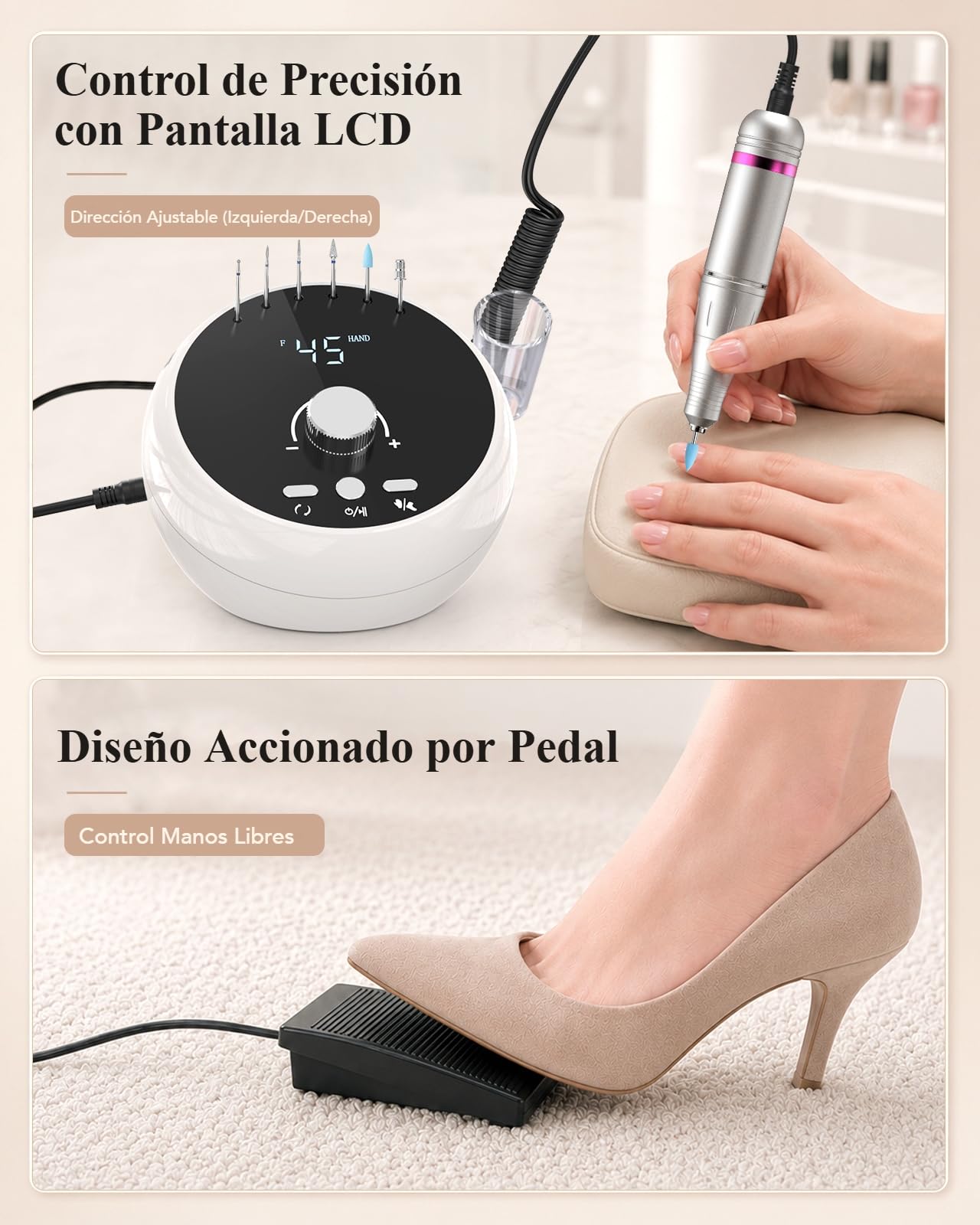 HOMEASY Torno para Uñas, Lima Eléctrica de 45000 RPM, Pedal y Pantalla LCD. | Torno para Uñas con Pedal, Pieza de Mano de Aluminio Silenciosa y Lima Eléctrica de Sobremesa para Acrílico y Gel.