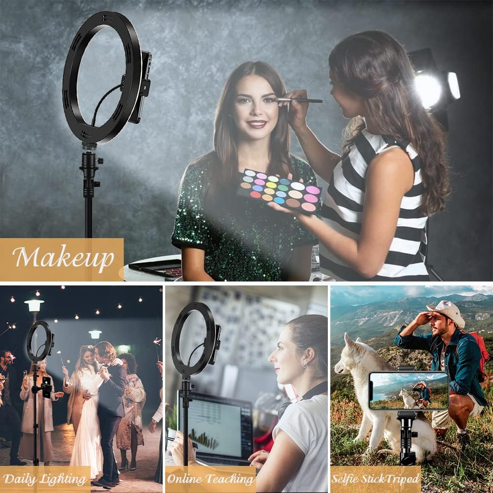 10'' Selfie Ring Light with Tripod Stand & Cell Phone Holder for Live Streaming/Makeup - Dimmable Led Camera Beauty Ringlight for YouTube Video Recording Compatible for iPhone Android (Yellow)
