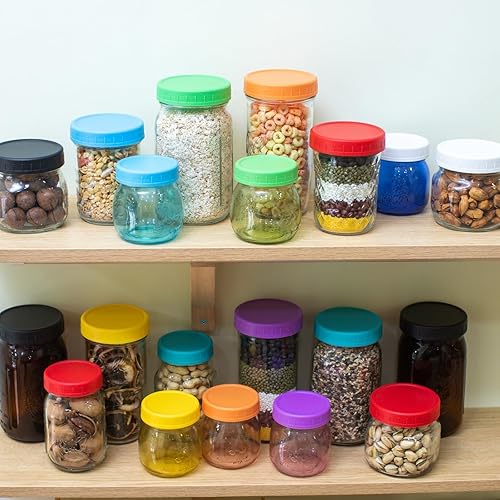 Miniatura 6 de Jumterlee Paquete de 9 tapas azules para tarros Mason de boca regular con anillos de silicona, tapas de plástico para frascos, tapas de conservas de