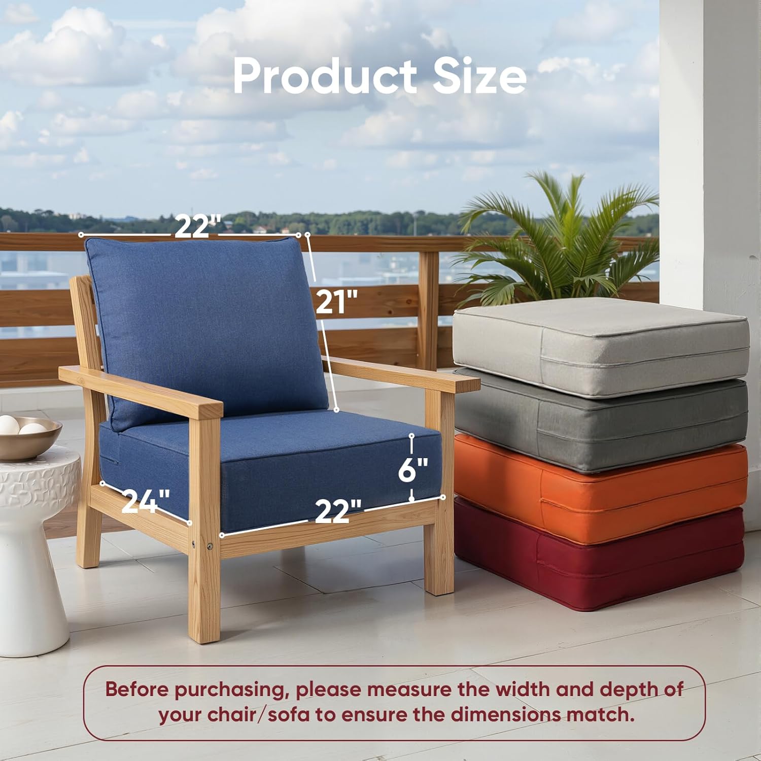Outdoor Furniture Cushions, 6 inch Thick Seat Cushions for Outdoor Furniture, Waterproof 22x24 Patio Replacement Chairs/Couch Cushion, Include 3 Back & 3 Seat Cushion, Thick/Blue