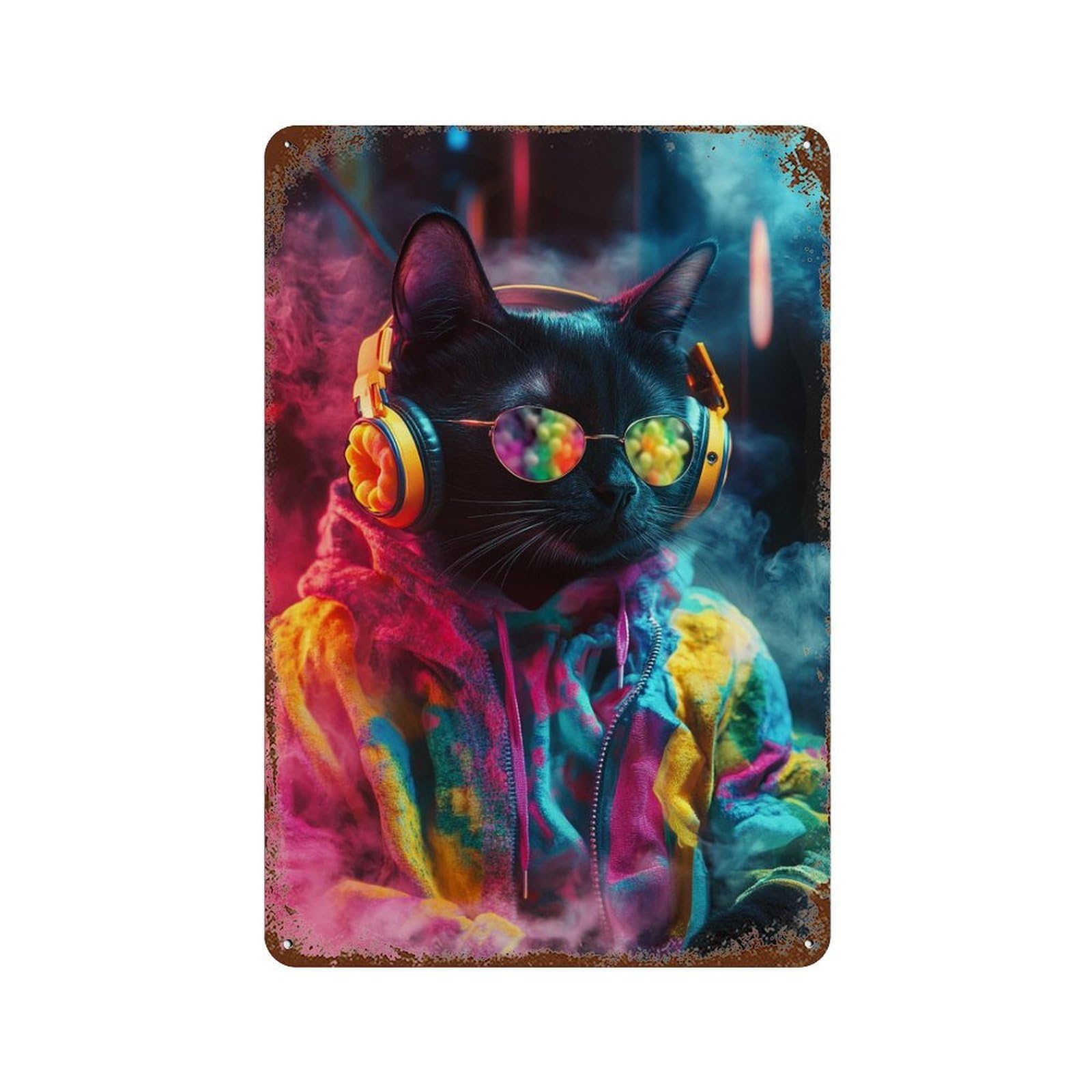 Stylish Cat in Neon Jacket Rust Effect Tin Sign 11.8"x7.9", Vintage Wall Decor for Pub, Kitchen And Man Cave Decor