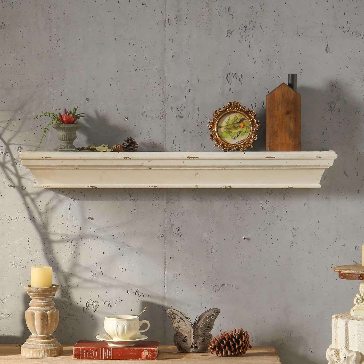 Vintage Floating Shelves for Wall, 36.3 Inch Rustic Wall Shelves, Solid Wood Mounted Decorative Shelves, Long Floating Shelf for Living Room, Bedroom, Bathroom, Kitchen, Home Decor, White