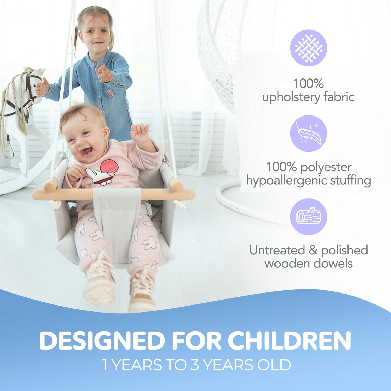 CaTeam - Canvas Baby Swing, Wooden Hanging Swing Seat Chair with Safety Belt, Durable Baby Swing Chair, Outdoor and Indoor Swing for Kids, Mounting Hardware Included, Gray