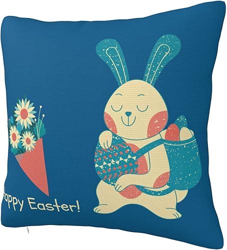 Miniatura 2 de Funda de almohada de Pascua, 24 x 24 pulgadas, bonito conejo y un ramo de flores con fondo azul, fundas de almohada con patrón de huevos de Pascua