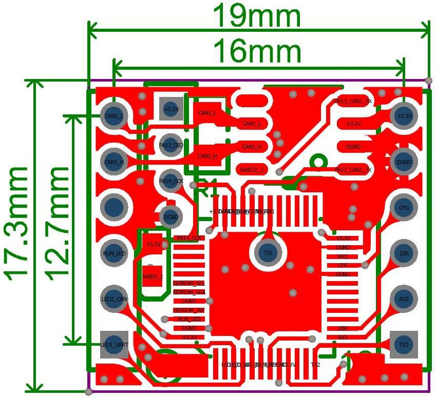 Bottom view of the Taidacent Uart CAN Converter module with dimensions in millimeters.