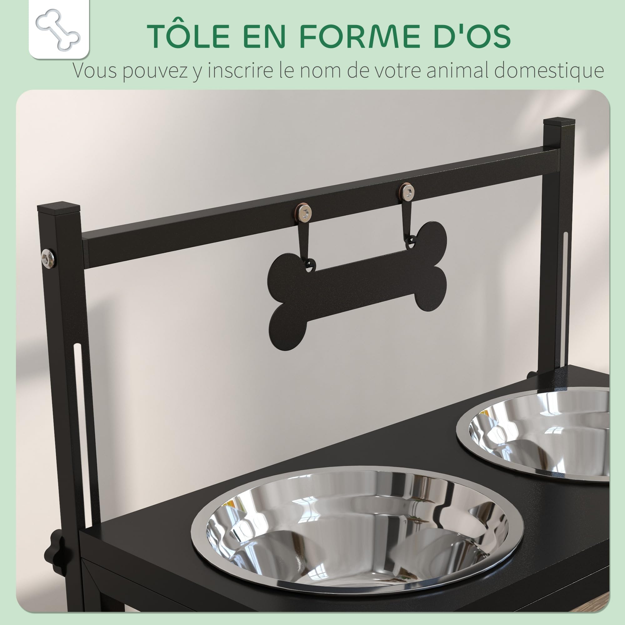 PawHut Gamelles Surrélevées Chien Porte-Gamelle Ajustable 11 à 33 cm Noir | 2 Bols Amovibles en Acier Inoxydable, Plaque Motif Os