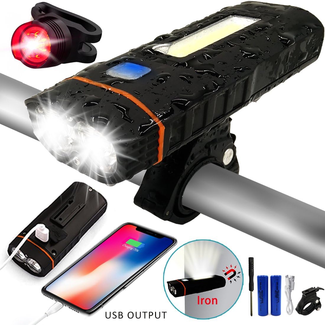 Bike lights set, USB Rechargeable LED Bike Light Set, Waterproof Mountain Bike Lights, Road Bike Lights, 500LM 5 Modes with Power Bank Function for Android Smartphone -