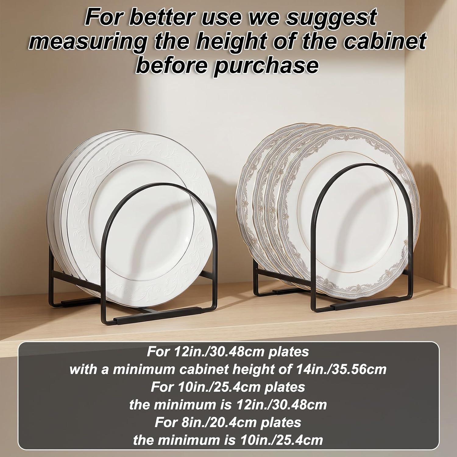 6-Pack Metal Plate Holder Organizer for Cabinet - Space Saving Vertical Dish Storage Rack with Rubber Guards, 3 Large & 3 Small Black Racks for Countertop or Cupboard