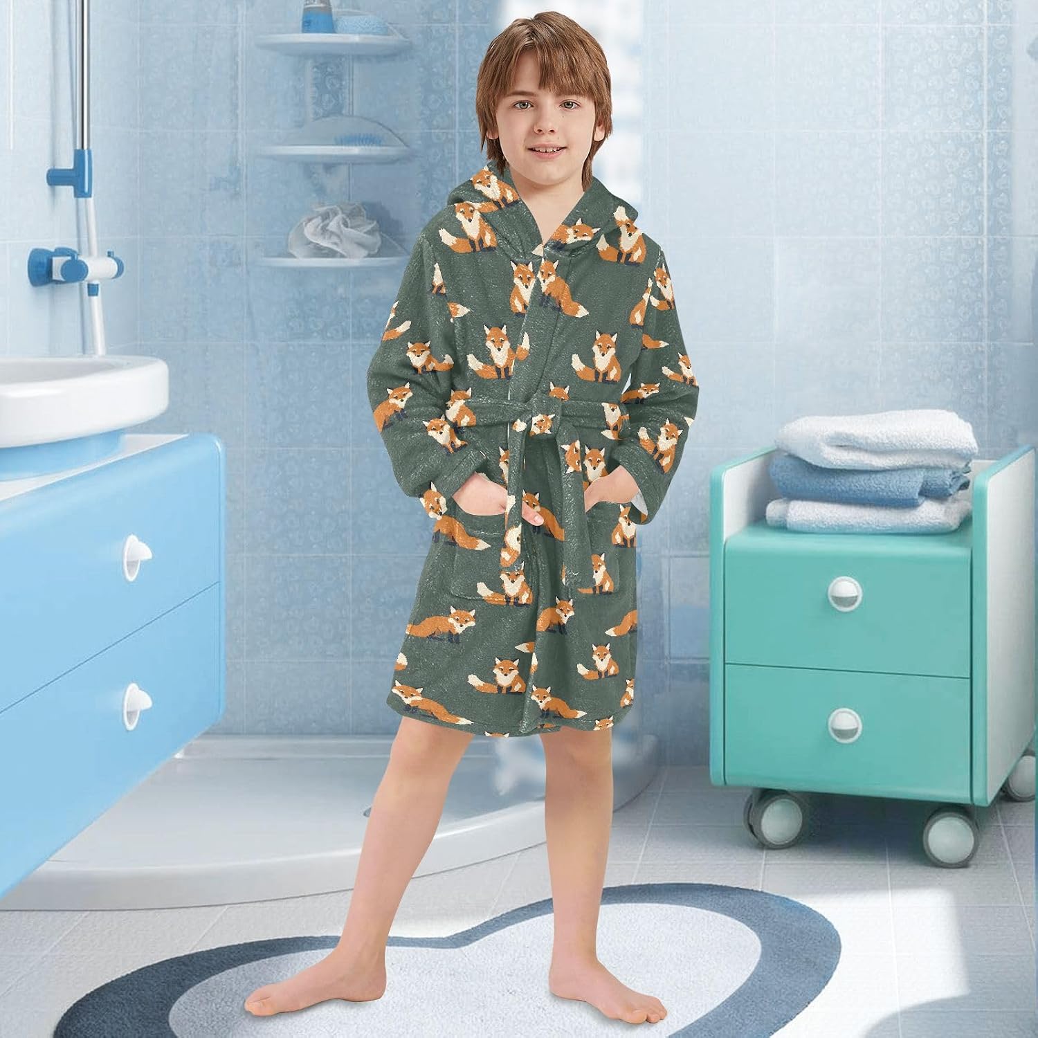 senya Fox Brown Q Toddler Hooded Bathrobe Kids Soft Plush Bath Towel Robes for Boys Girls 2-12 Years