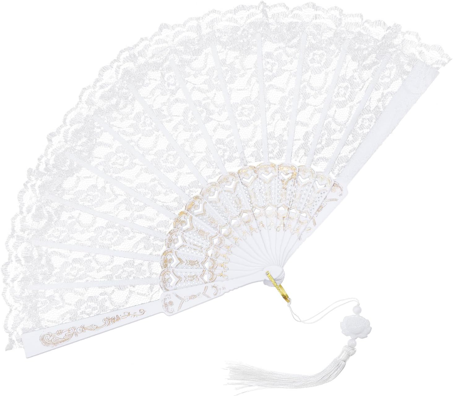Foldable Lace Fan Handheld Chinese Folding Fan Hand Held Folding Fans for Weddings, Decorations, Dancing Parties and More (White)
