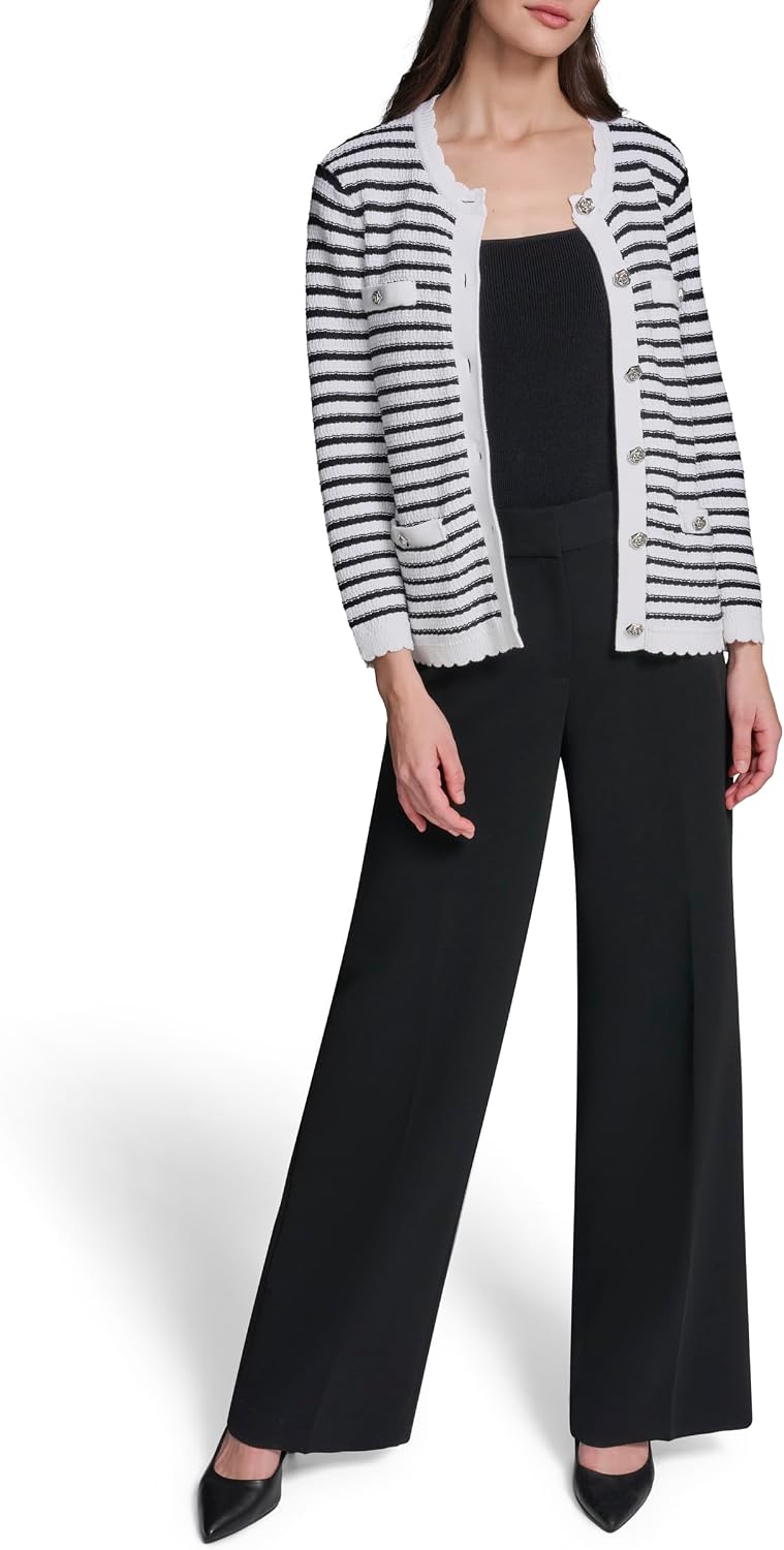 Karl Lagerfeld Women's Cardigan Button Front Stripe Sweater