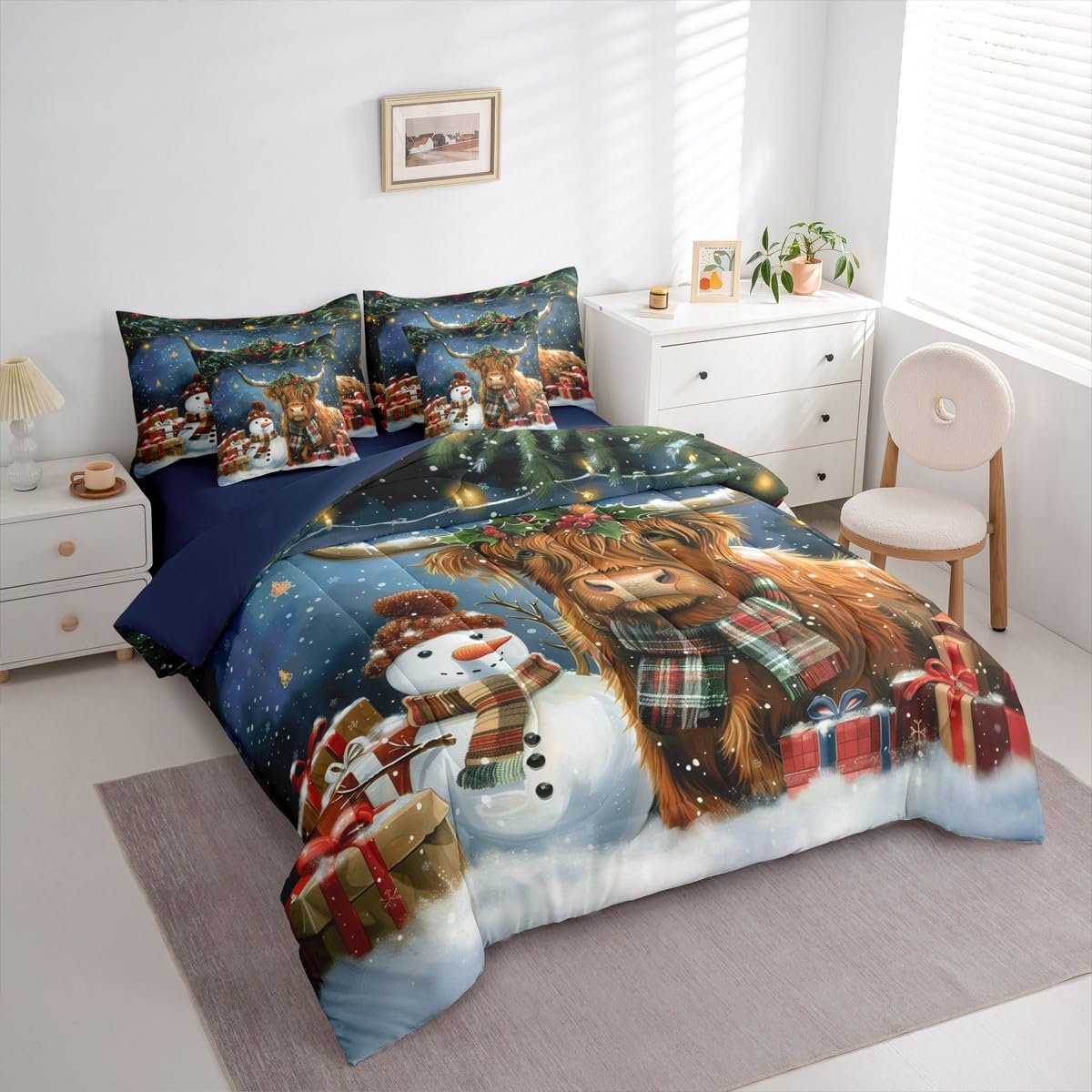 Erosebridal Christmas Highland Cattle Twin Bedding Set 7 Piece Cute Highland Cow Bed in A Bag with Sheets Xmas Snowman Gift Comforter Set for Kids Adults,Western Farm Animal Bed Sets