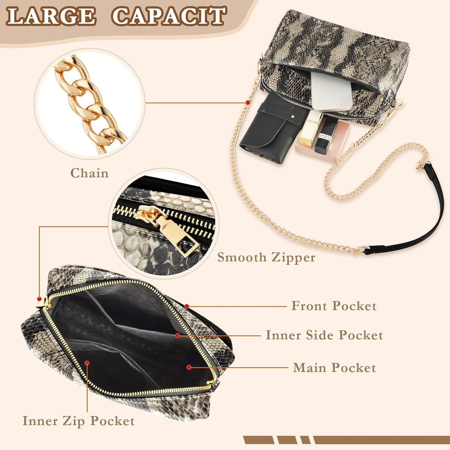 Leather Crossbody Bags Shoulder Purse Cross Body Bag for Women Snake Skin Pattern Travel Design Handbag - Image 6