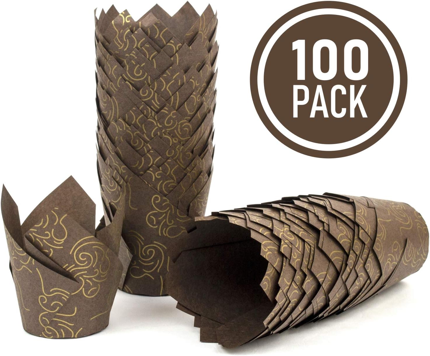 Brown Tulip Cupcake Liners with Golden Model - 100 Standard size of Tulip Cupcake Wrappers Made from Premium Greaseproof Paper with Golden Model - Perfect Muffin Baking Cups for Every Festive Occasion