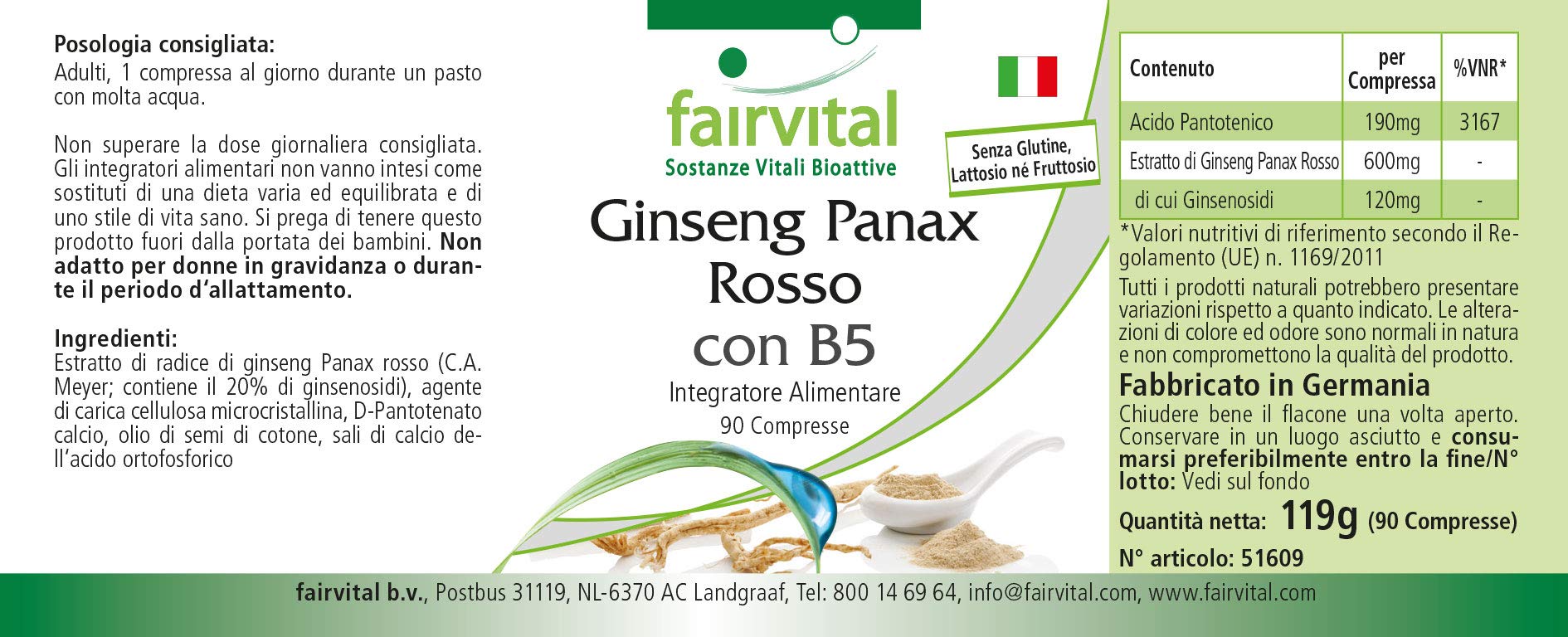 fairvital Extracto de ginseng rojo Panax + vitamina B5-90 comprimidos, con 600mg de extracto de ginseng coreano, ALTA DOSIS, VEGANO