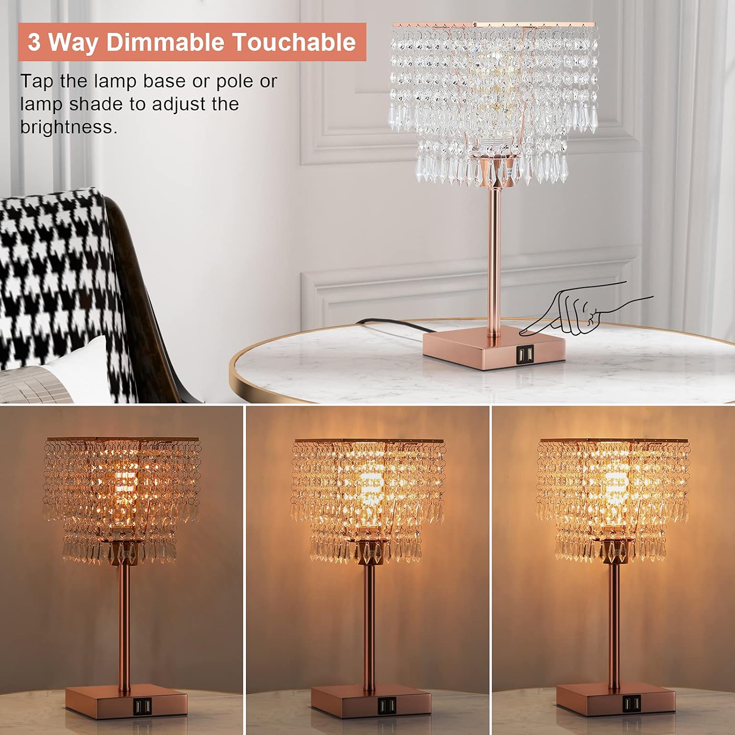 Acaxin Crystal Bedside Lamp Bedroom Dimmable Square Touch Control Table Lamp, 2 USB Charging Ports & 2 -Pins Outlets, Small End Nightstand Lamps for Bedroom/Living Room/Guest Room