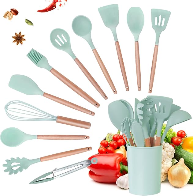 ColdShine Kitchen Utensil Set 12 Pcs Silicone Cooking Utensils Set with Wooden Handles Non-Stick Heat Resistant Cooking Tools with Holder for Cooking Baking (Olive Green)