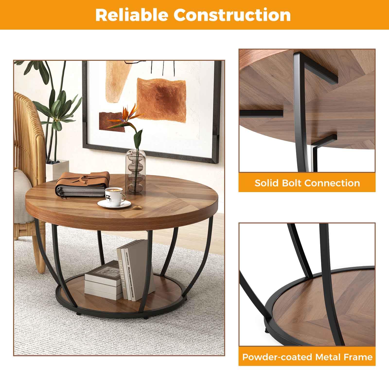 Table Basse Ronde à 3 Niveaux Giantex - Cadre Métal, Plateau MDF, Livrée Montée (50 X 50 X 41,5 Cm)