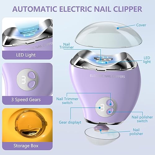 Miniatura 3 de Electric Nail Clippers for Seniors and Women, LED Light Electric Nail Trimmer Adult with 3 Speeds, Safe Automatic Fingernail Grinder with Storage,