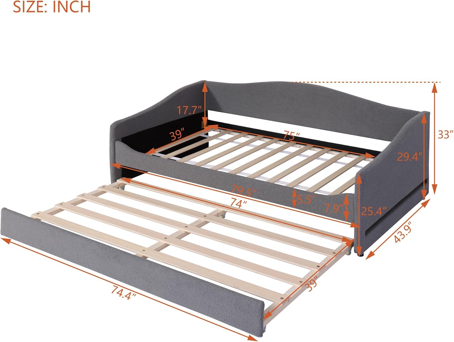 Merax Upholstered Daybed, Twin Size Teddy Fleece Sofa Bed with Trundle & LED Lights for Bedroom, Wood Slat Support, No Box Spring Needed, Easy Assembly, Grey