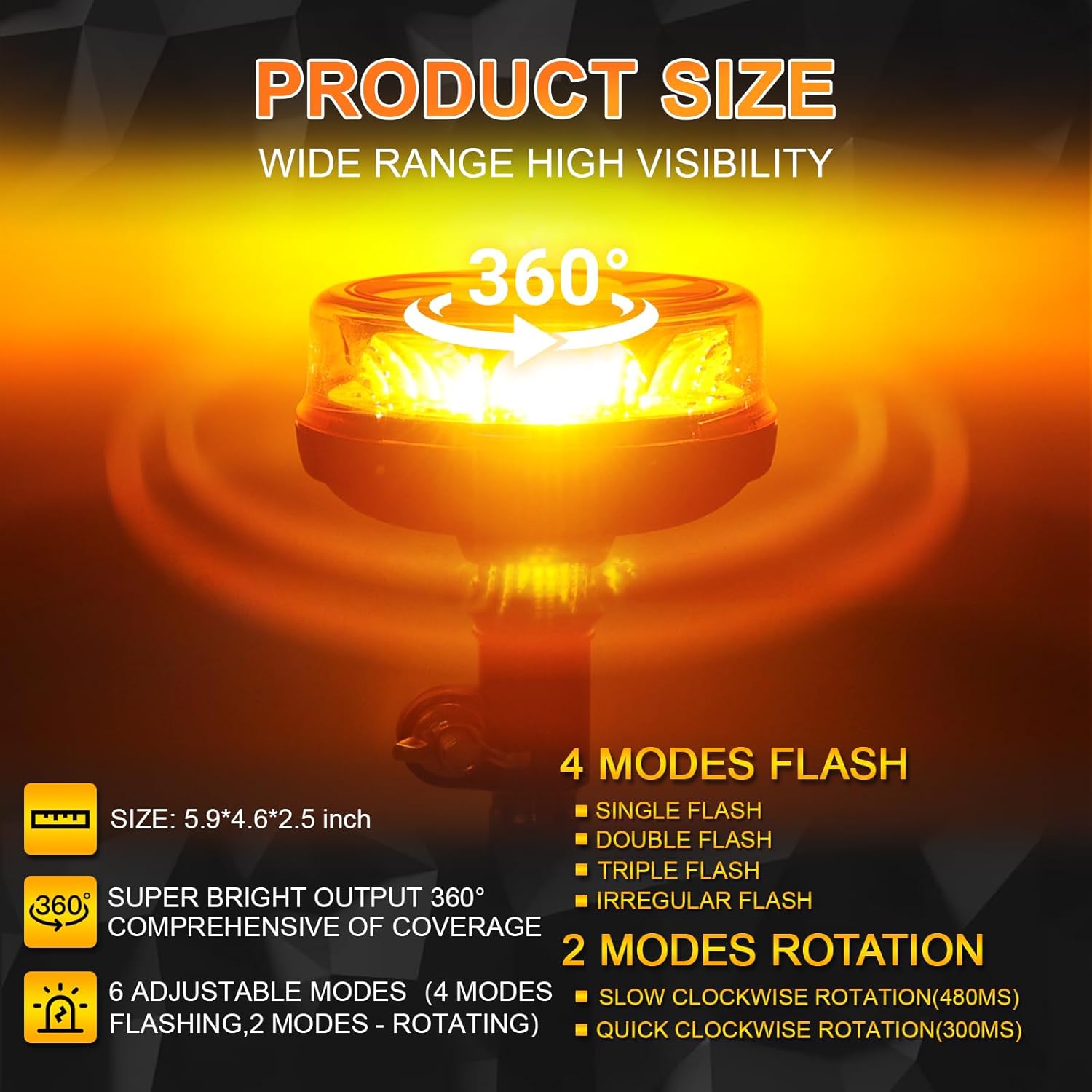Amber LED Rotating Beacon Light, Flashing Warning Light with 6 Modes, 12-24V Emergency Strobe Lights for Trucks Vehicles Construction IP67 Waterproof (Pole Mount)