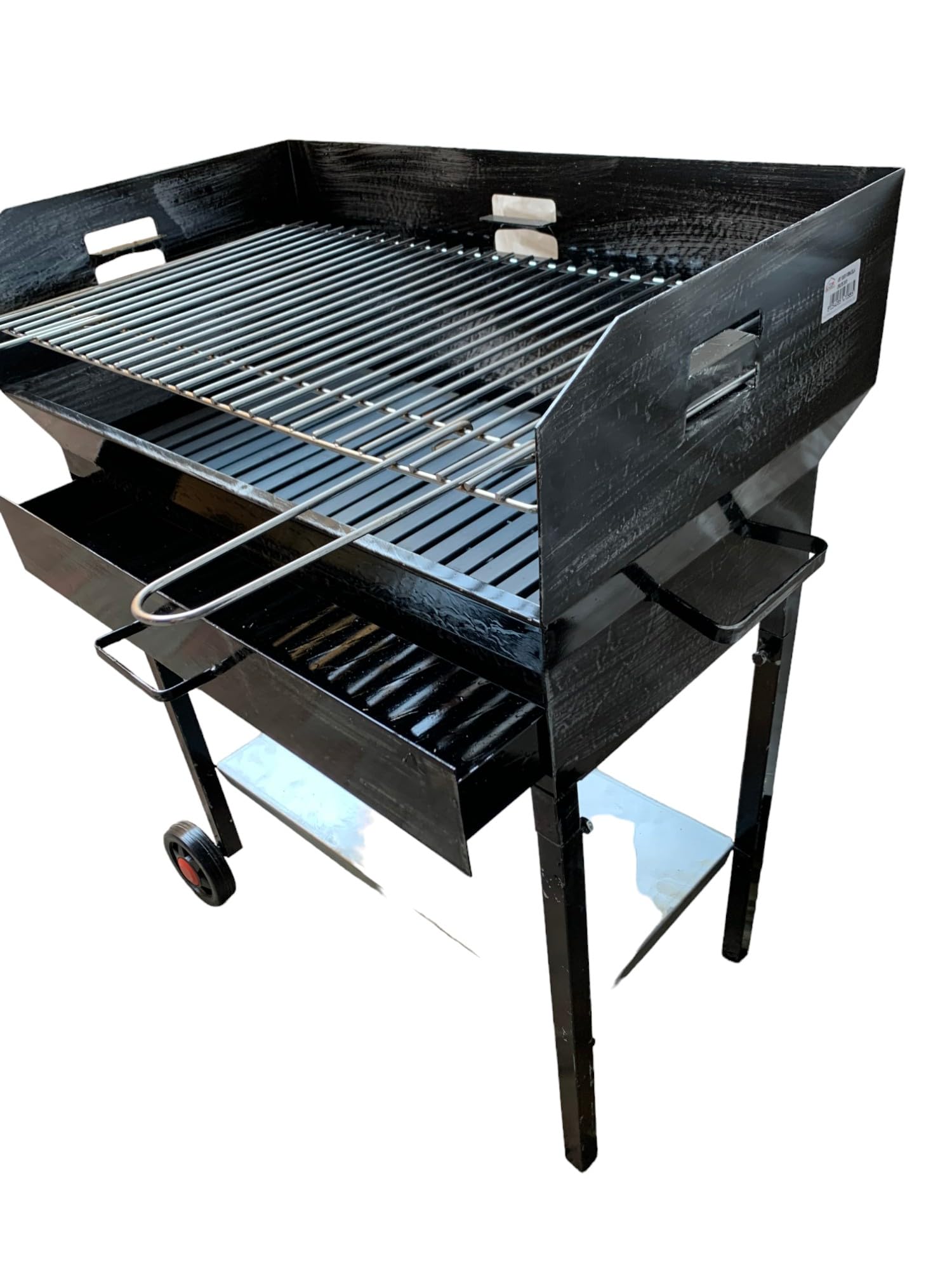 Barbecue a Legna e Carbonella in Ferro, con Ruote, Regolabile su 2 Altezze, Griglia in Acciaio, Ripiano poggia utensili (60x38 cm)