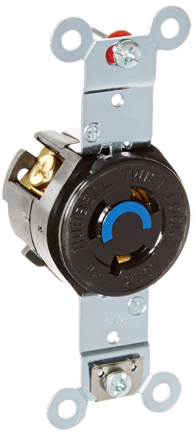 Locking Devices, Twist-Lock, Industrial, Single Receptacle, 15A 250V, 2-Pole 3-Wire Grounding, L6-15R, Screw Terminal, Black