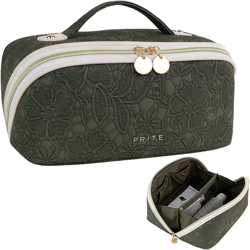 Necessaire Prite para maquiagem e viagem com organizador cosmético, divisória transparente e zíper, Green Flower, 1 unidade