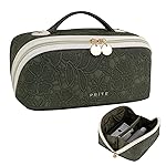 Prite Travel Cosmetic Bag Makeup Organizer Bag For Women Large Capacity Waterproof PU Leather Toiletry Bag with Handle and Clear Divider(Green Flower)