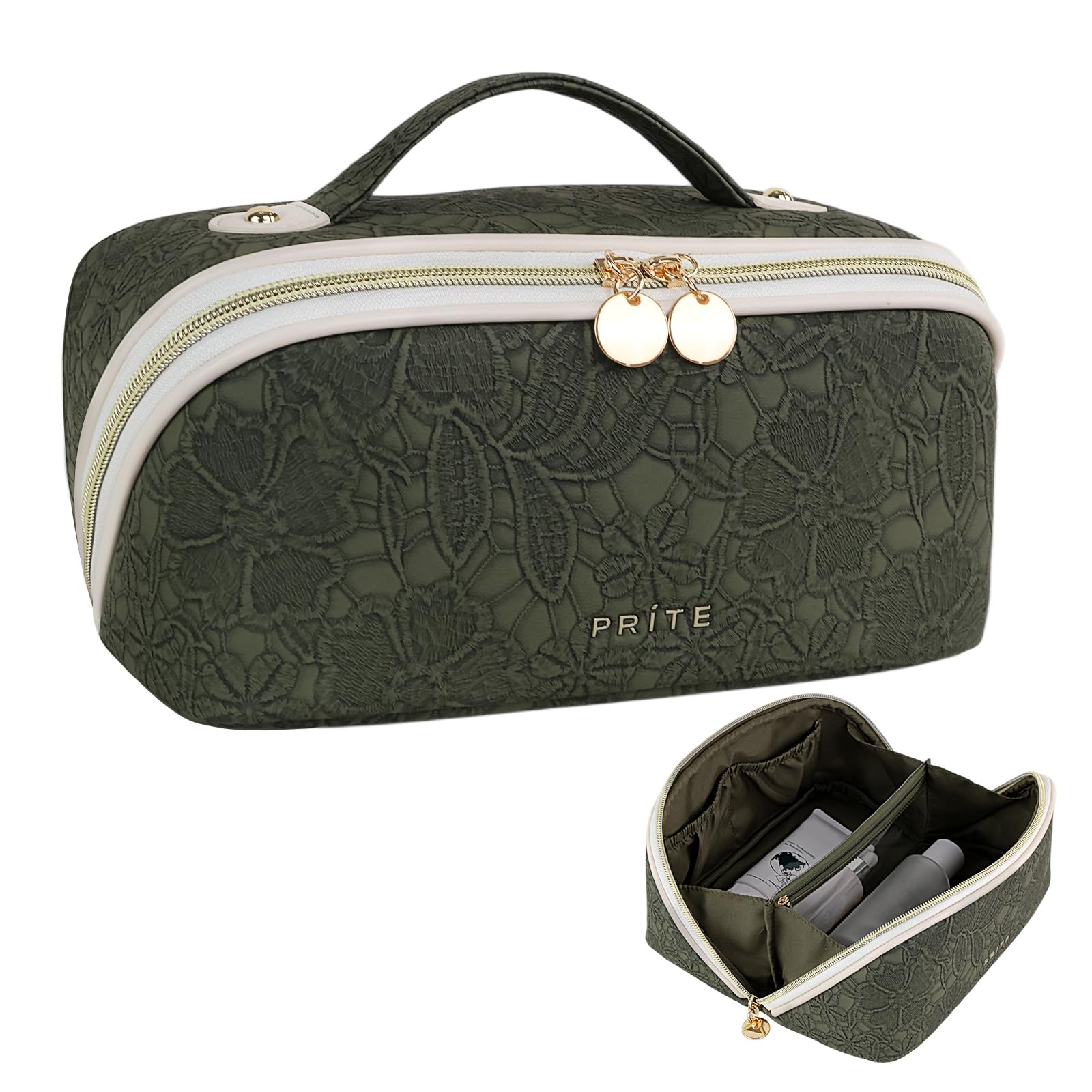 Prite Trousse de Maquillage Imperméable pour Voyage Femme avec Séparateur Transparent (Fleur Verte M)