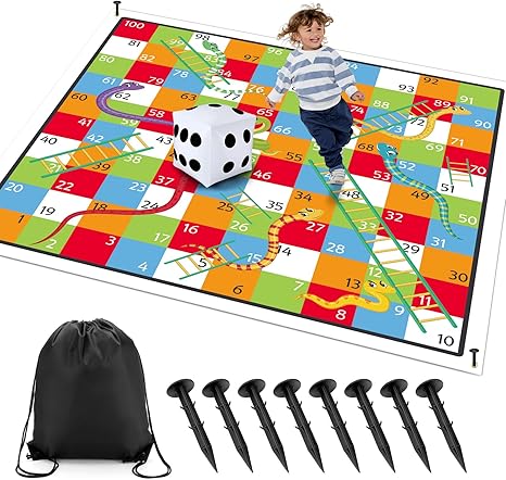 Realspring 9.8 ft Giant Snakes and Ladders Game Playing Mat with 6 Nails 14 Inch Inflatable Dice and Storage Bag Floor Snake and Ladder Board Game Big Size for Both Indoor and Outside