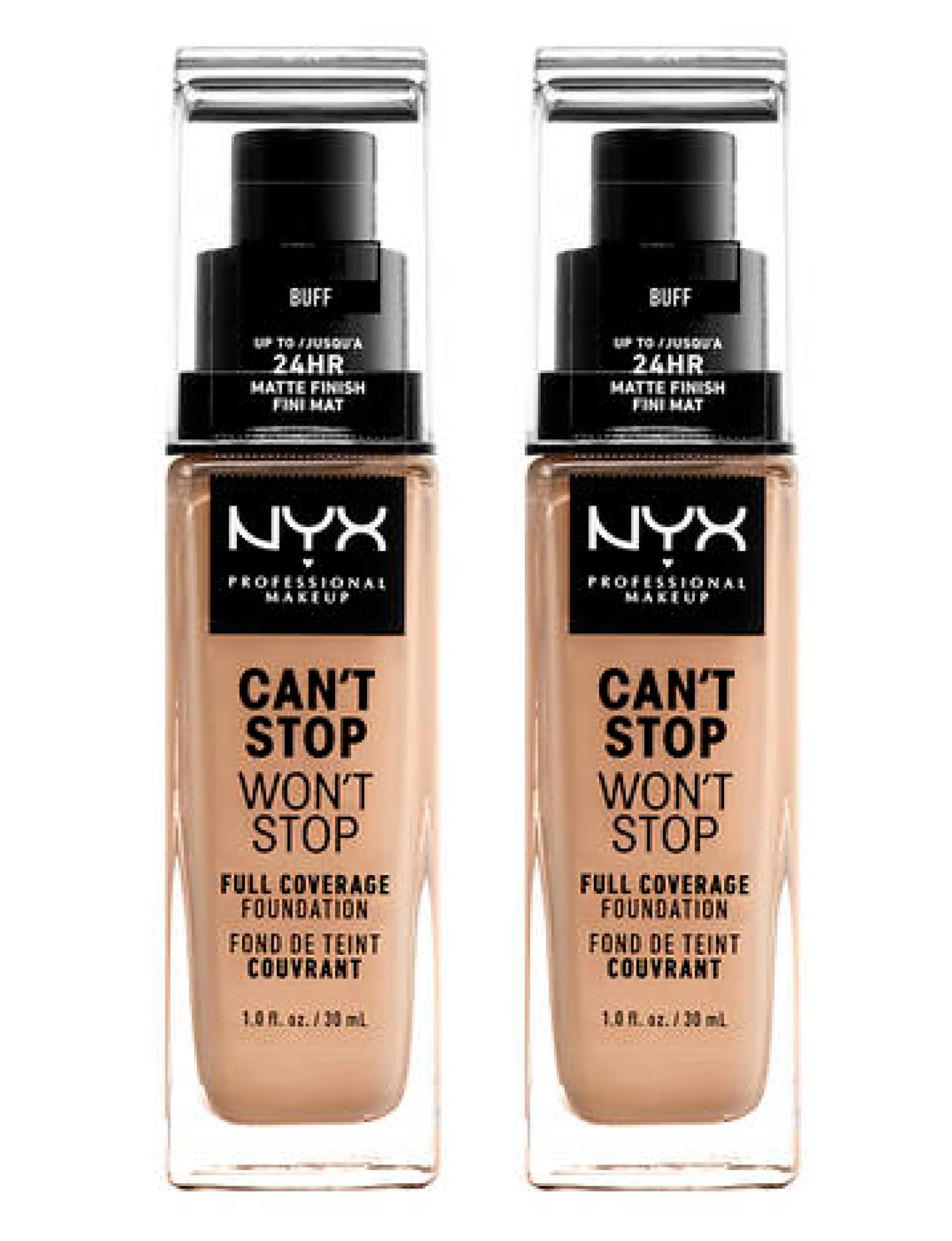 NYX Professional Makeup Fondotinta Can't Stop Won't Stop Tonalità 10 Buff Liquido Waterproof Lunga Tenuta 24h Finish Matte Leggero No Transfer e Ultra Pigmentato - 2 Fondotinta da 30ml