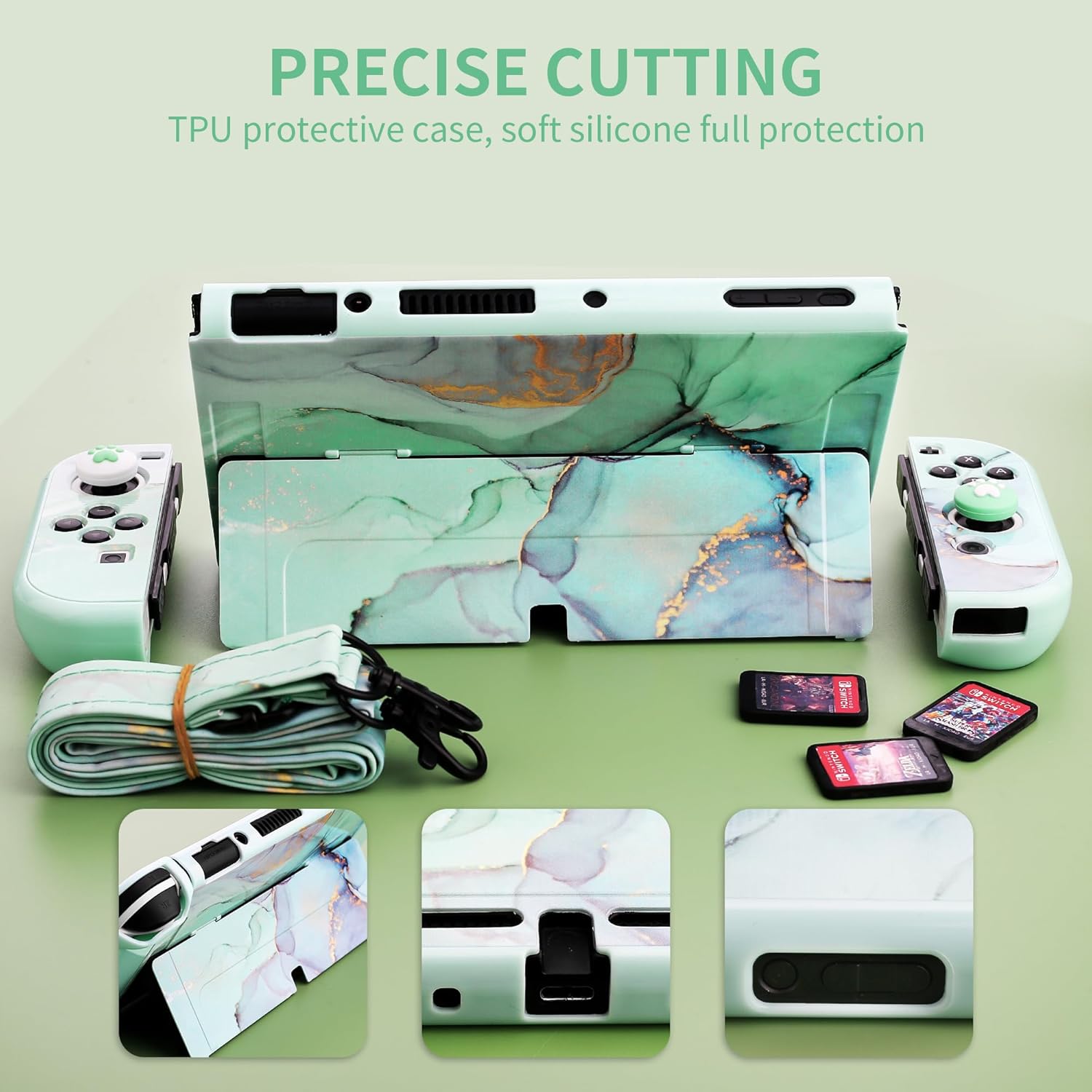 FUNDIARY Carrying Case for Nintendo Switch OLED, Shockproof Hard Shell Portable Travel Bag for Accessories Kit with PC Protective Cover, Screen Protector, Shoulder Strap & 2 Thumb Grips, Green Marble