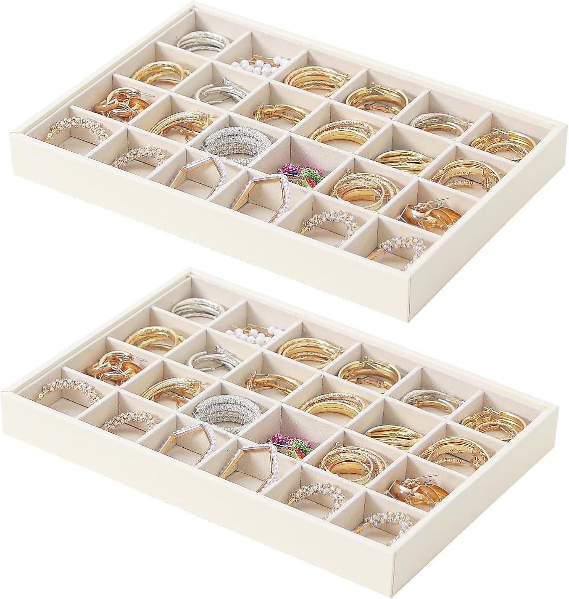 Stackable Jewelry Organizer Tray For Drawers,White Leather Small Earring Storage Tray,Bracelet And Necklace Display Box,Jewelry Ring Display Case (24 Grids)