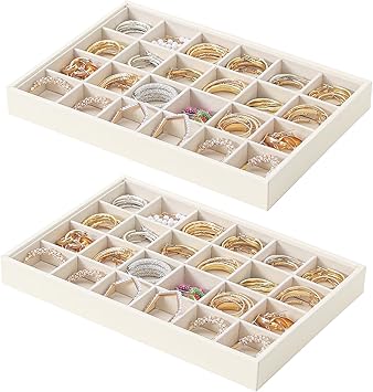 Stackable Jewelry Organizer Tray For Drawers,White Leather Small Earring Storage Tray,Bracelet And Necklace Display Box,Jewelry Ring Display Case 24 Grids