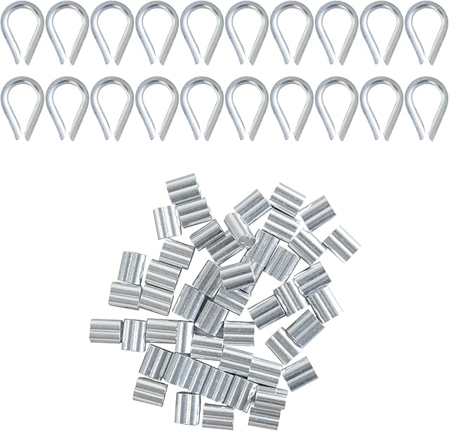 70 Pcs Wire Rope Thimble Sets, Stainless Steel Thimble & Wire Rope Aluminum Crimping Loop Sleeve,Crimps Rust-Free Eyelet Metal Cable Rig for 2mm Wire,for Wire Rope Rigging