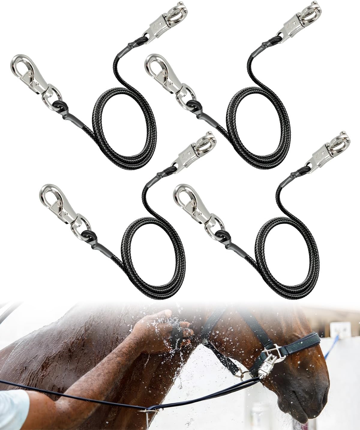 4 Pack Bungee Cross Ties for Horse Trailer Accessorie, 36 Inch Horse Trailer Tie Straps with Panic Quick Release Snap, Bungee Cords (Black)
