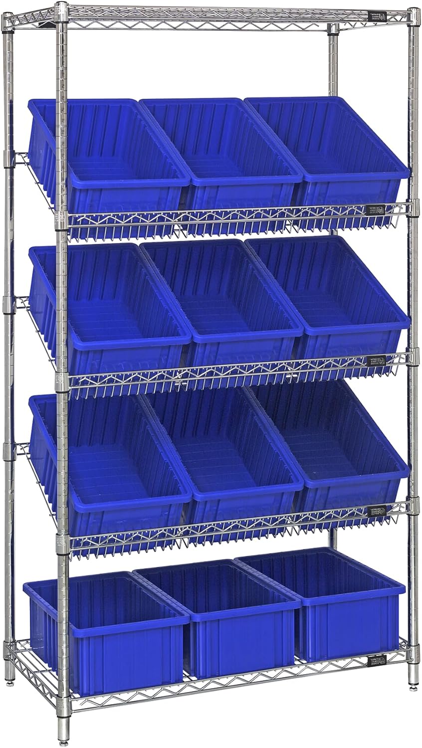 Quantum Storage Systems WRS-5-92035BL Wire Slanted 5 Shelves 12 Dividable Grid Blue Bins 63" H x 36" W x 18" D