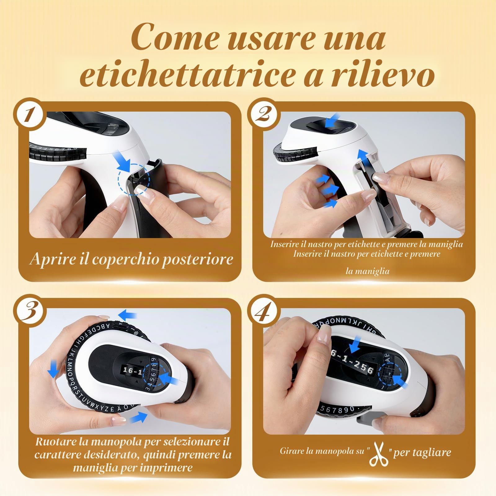 Etichettatrice a Rilievo, 3D Etichettatrice Etichette Adesive Nero, Stampante Portatile E975, Macchina da Scrivere Omega con 6 Nastro design ergonomico con rotella a scatto per uso domestico