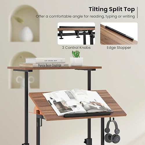 Miniatura 7 de Tangkula Escritorio móvil de pie, carrito de podio para laptop de altura ajustable con mesa inclinable y ángulo ajustable, escritorio de computadora